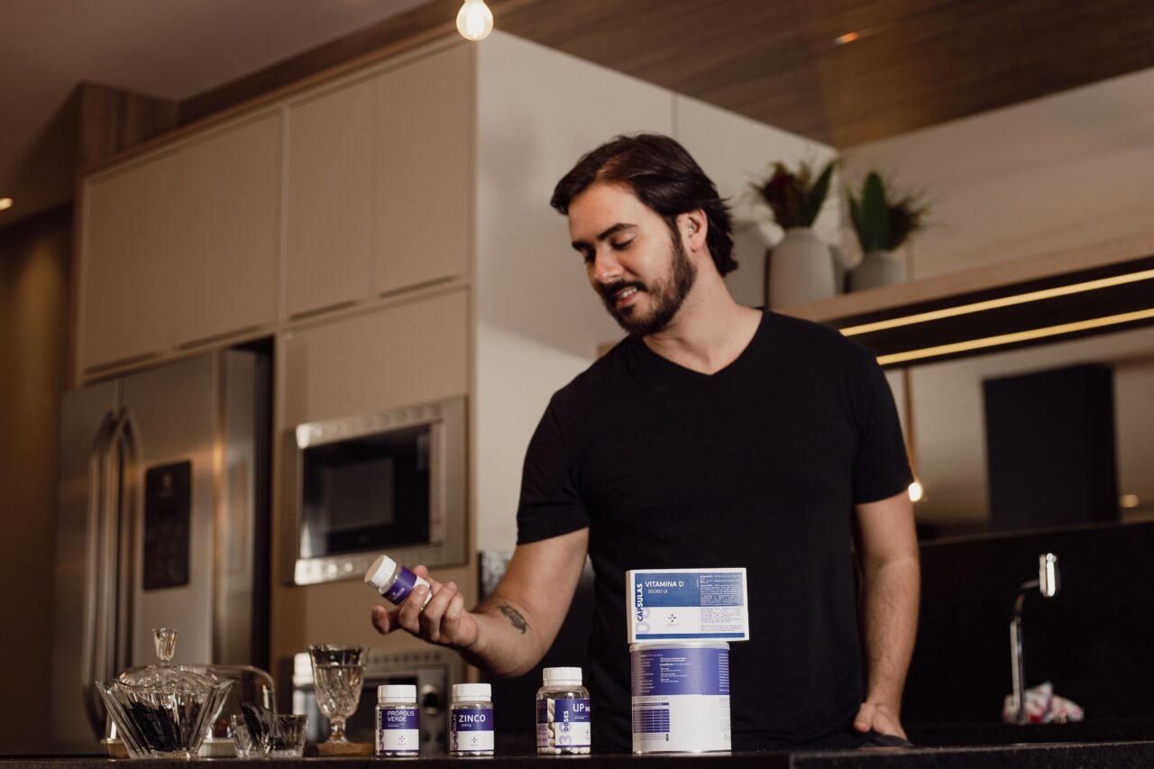 vitamin B-complex supplement bottle on a counter