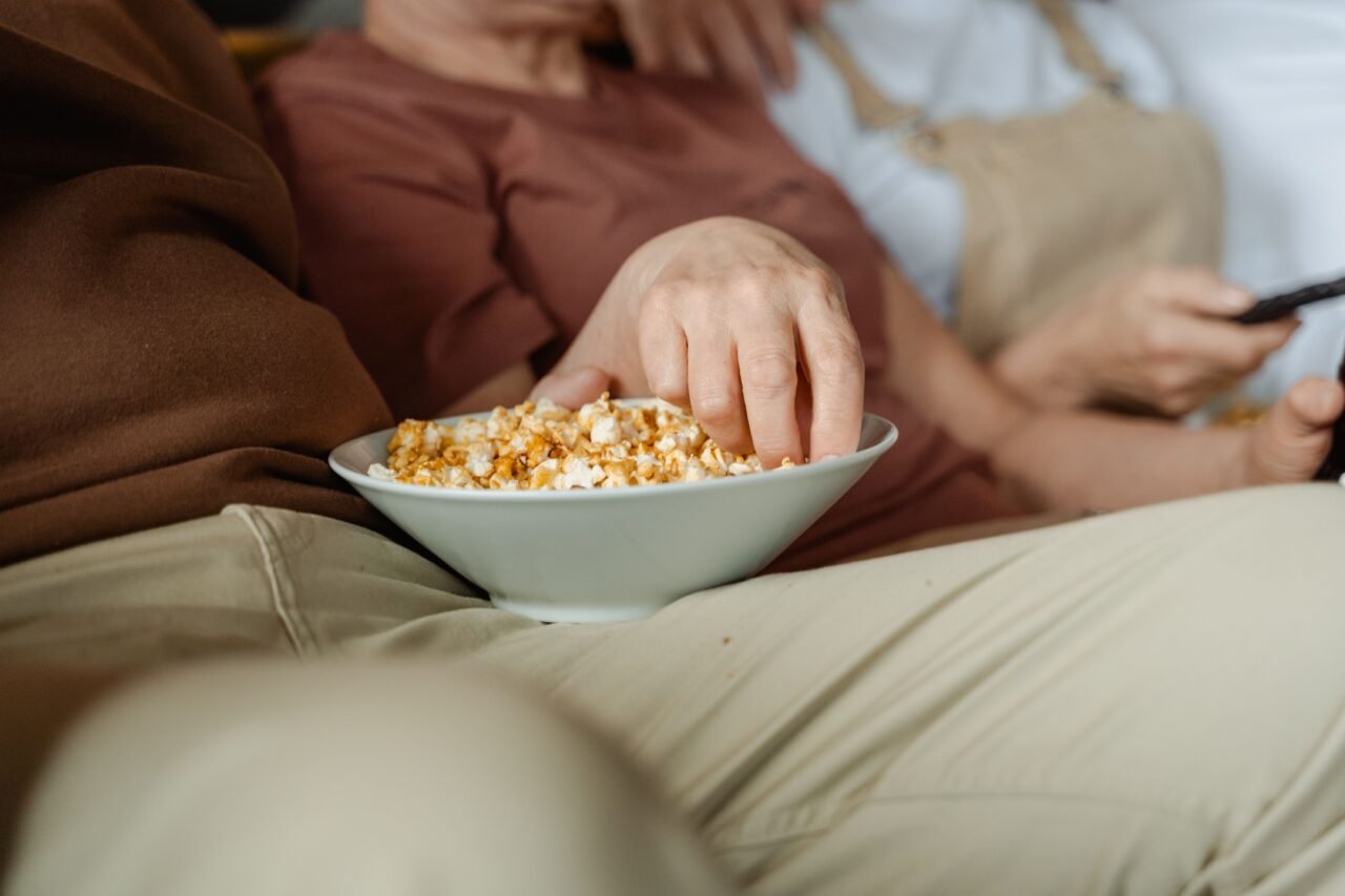 a bowl of popcorn for snacking