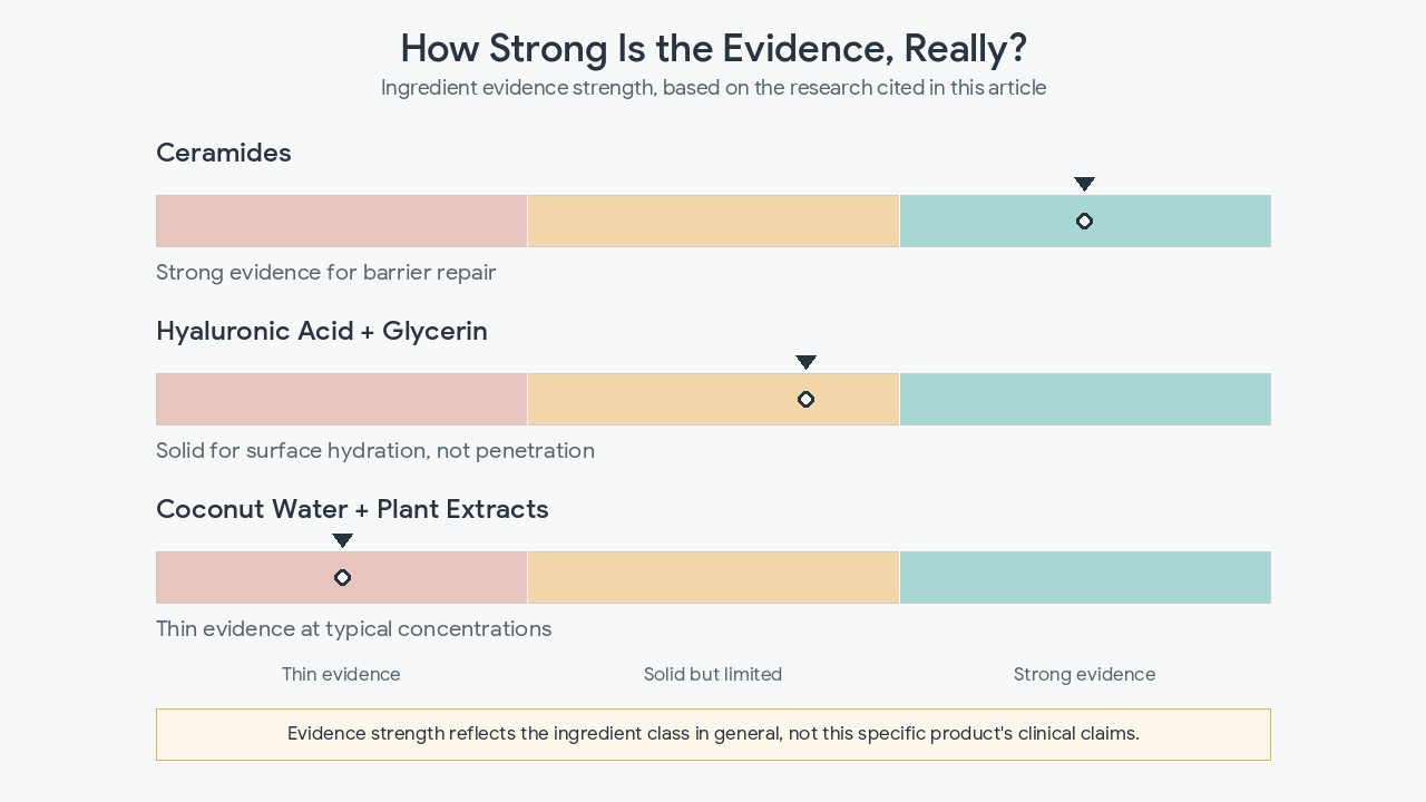 chart ranking the research evidence behind ceramides, hyaluronic acid, glycerin, and coconut water in skincare