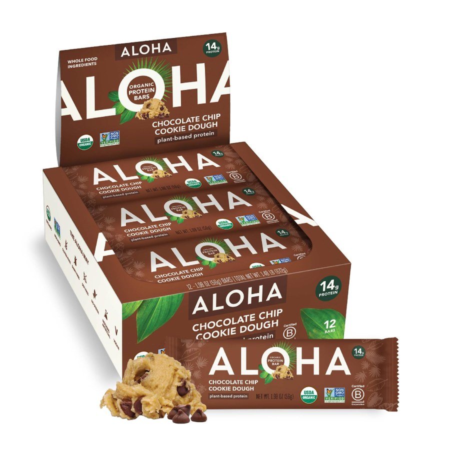 box of ALOHA Chocolate Chip Cookie Dough organic plant based protein bars with one bar in front
