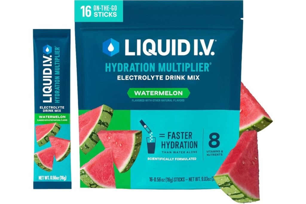 Liquid I.V. Hydration Multiplier Watermelon stick next to its 16-count pouch