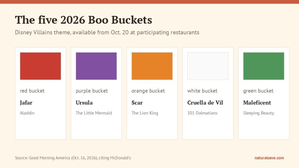 list of the five 2026 McDonald's Boo Bucket villains and their bucket colors