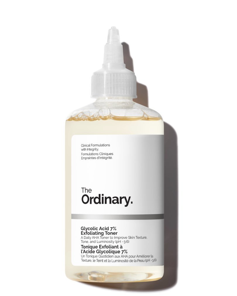 The Ordinary Glycolic Acid 7% Exfoliating Toner bottle with pH ~3.6 on the label